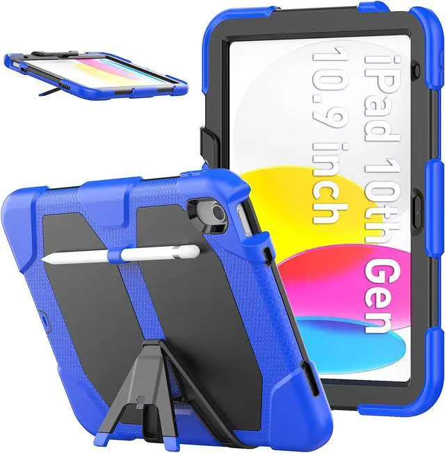 Main image of Case for iPad 10th Generation 2022 10.9 Inch Model A2696 A2757 A2777, Heavy Duty Rugged Shockproof Protective cover with Pencil Holder, Kickstand Blue