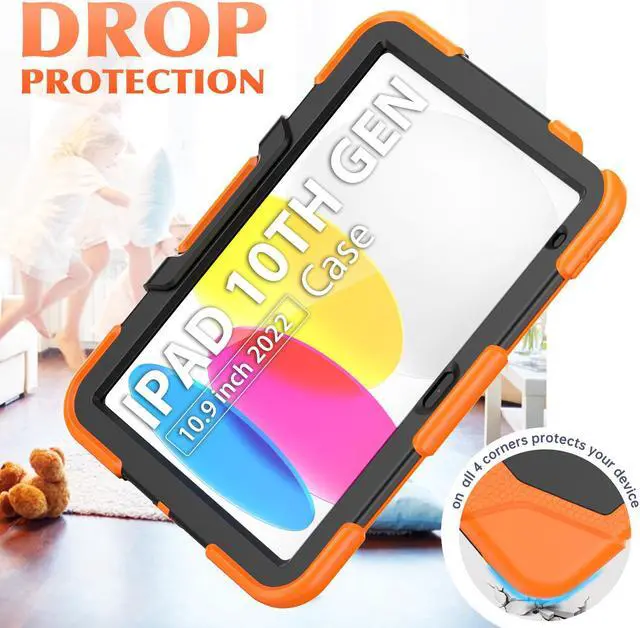 Alt view image 5 of 7 - Case for iPad 10th Generation 2022 10.9 Inch Model A2696 A2757 A2777, Heavy Duty Rugged Shockproof Protective cover with Pencil Holder, Kickstand Orange
