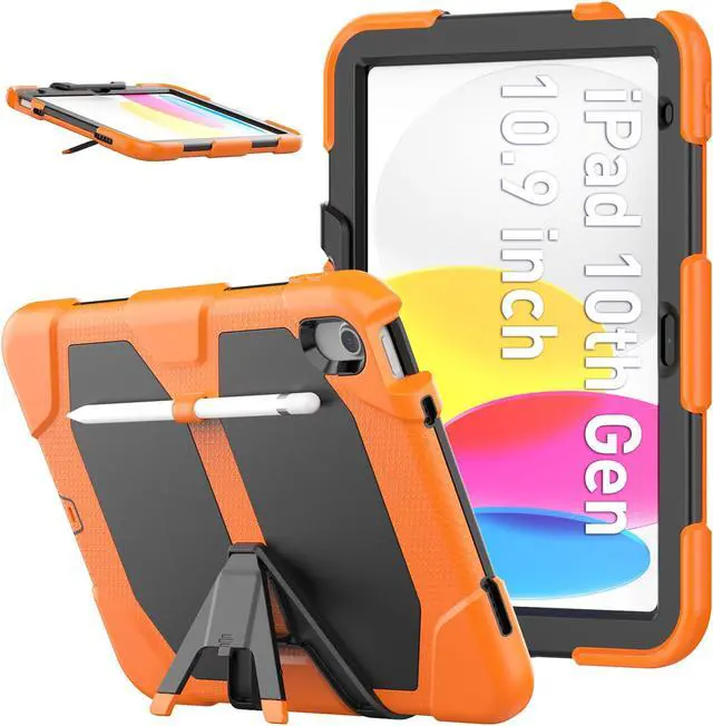Main image of Case for iPad 10th Generation 2022 10.9 Inch Model A2696 A2757 A2777, Heavy Duty Rugged Shockproof Protective cover with Pencil Holder, Kickstand Orange