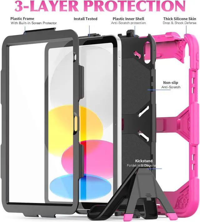 Alt view image 4 of 7 - Case for iPad 10th Generation 2022 10.9 Inch Model A2696 A2757 A2777, Heavy Duty Rugged Shockproof Protective cover with Pencil Holder, Kickstand Rose Gold