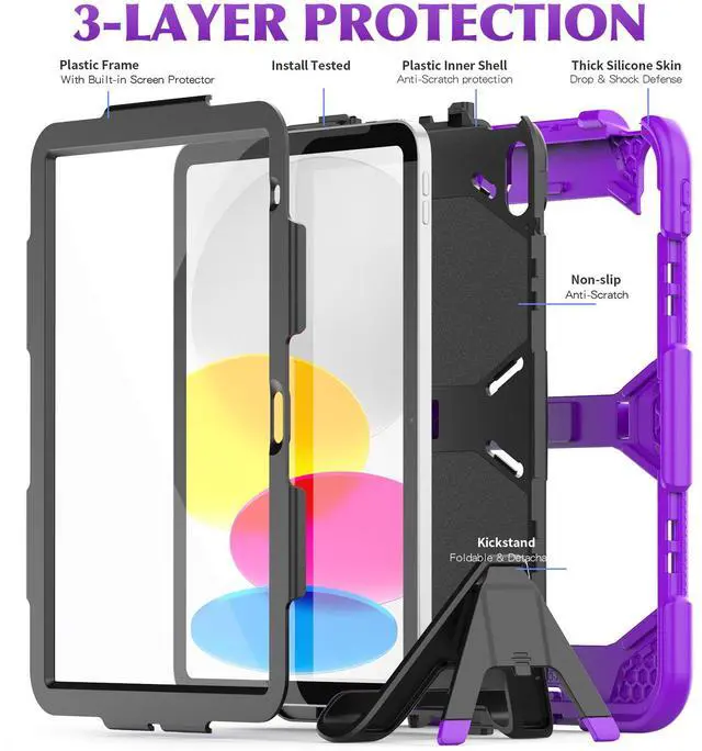 Alt view image 7 of 7 - Case for iPad 10th Generation 2022 10.9 Inch Model A2696 A2757 A2777, Heavy Duty Rugged Shockproof Protective cover with Pencil Holder, Kickstand Purple