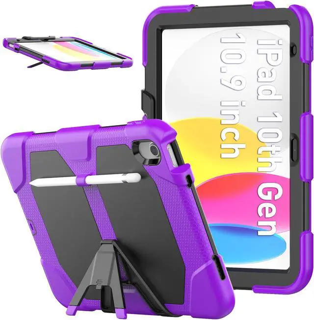 Main image of Case for iPad 10th Generation 2022 10.9 Inch Model A2696 A2757 A2777, Heavy Duty Rugged Shockproof Protective cover with Pencil Holder, Kickstand Purple