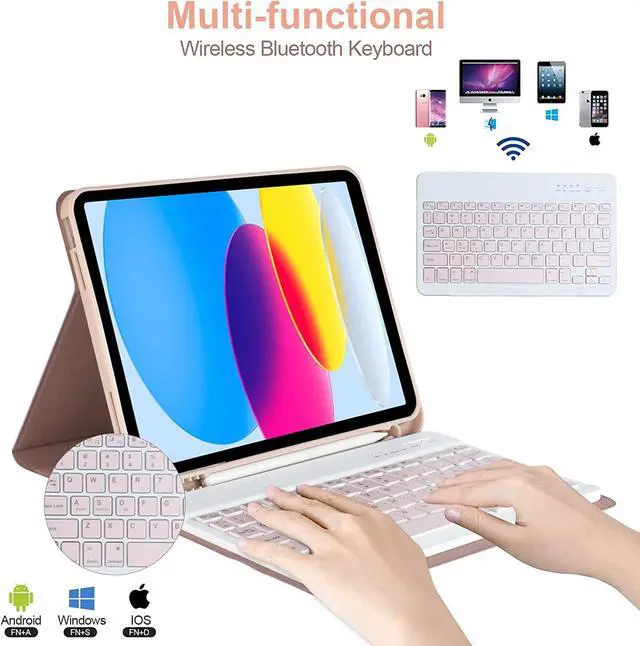 Alt view image 3 of 7 - Keyboard Case for iPad 10th Generation 2022, Model A2696 A2757 A2777 Wireless Detachable Keyboard with Premium Protective Cover with Pencil Holder Pink
