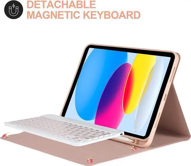 Alt view image 6 of 7 - Keyboard Case for iPad 10th Generation 2022, Model A2696 A2757 A2777 Wireless Detachable Keyboard with Premium Protective Cover with Pencil Holder Pink