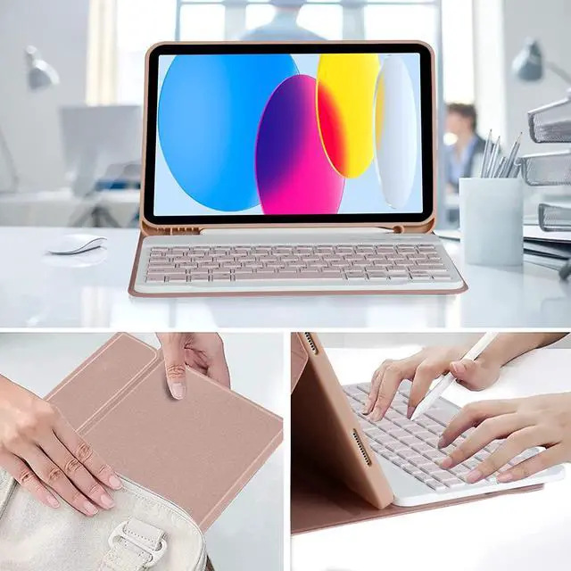 Alt view image 7 of 7 - Keyboard Case for iPad 10th Generation 2022, Model A2696 A2757 A2777 Wireless Detachable Keyboard with Premium Protective Cover with Pencil Holder Pink