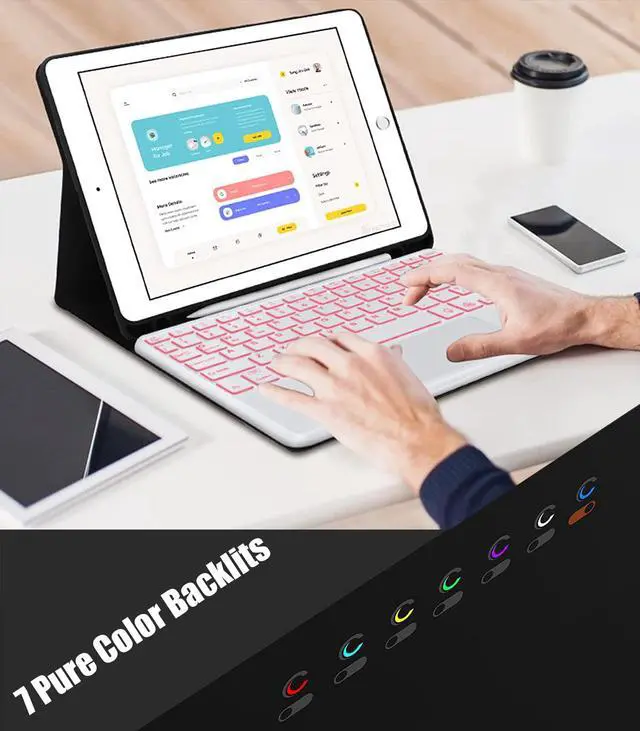 Alt view image 3 of 7 - Touchpad Keyboard Case For iPad 10th Generation 10.9 inch 2022 with 7 Color Backlit, Multi-Touch Trackpad, Flip Stand Cover with Detachable Wireless Keyboard, Pencil Holder Rose Gold