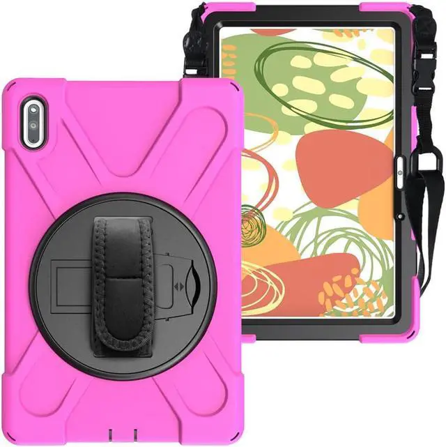 Alt view image 3 of 5 - Huawei MatePad 10.4 inch 2020 2022 Case with Rotating Kickstand / Hand Strap / Shoulder Belt Hybrid Armor Rugged Heavy Duty Shockproof Cover Rose Red