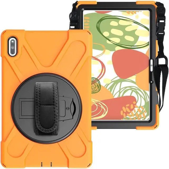 Alt view image 3 of 6 - Huawei MatePad 10.4 inch 2020 2022 Case with Rotating Kickstand / Hand Strap / Shoulder Belt Hybrid Armor Rugged Heavy Duty Shockproof Cover Orange