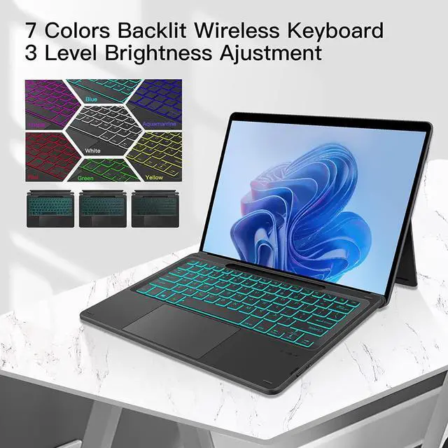 Alt view image 2 of 7 - Type Cover for 13 inch Microsoft Surface Pro 9 / Pro 8 / Pro X, Wireless Thin Bluetooth Keyboard with Trackpad, 7 Colors Backlit, Pencil Holder