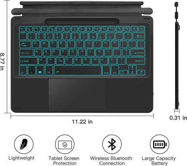 Alt view image 7 of 7 - Type Cover for 13 inch Microsoft Surface Pro 9 / Pro 8 / Pro X, Wireless Thin Bluetooth Keyboard with Trackpad, 7 Colors Backlit, Pencil Holder