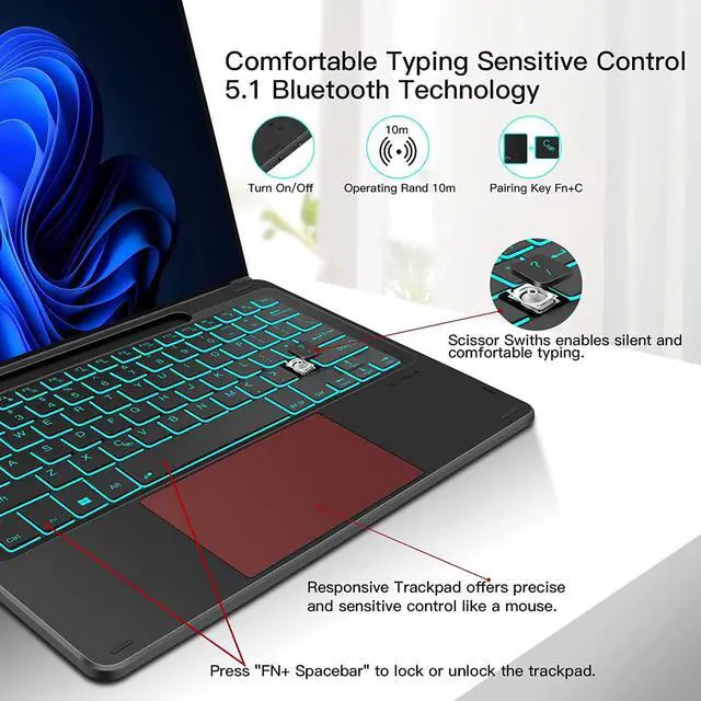 Alt view image 6 of 7 - Type Cover for 13 inch Microsoft Surface Pro 9 / Pro 8 / Pro X, Wireless Thin Bluetooth Keyboard with Trackpad, 7 Colors Backlit, Pencil Holder