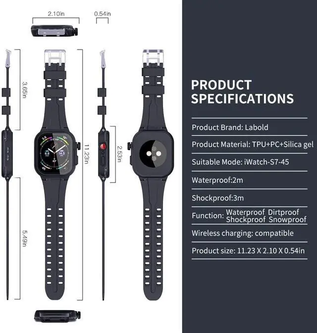 Alt view image 7 of 7 - Compatible with Apple Watch Series 8 / Series 7 45mm Waterproof Case,Full Body Case with Screen Protector and Band, iWatch S8 S7 45mm Bumper Case Cover