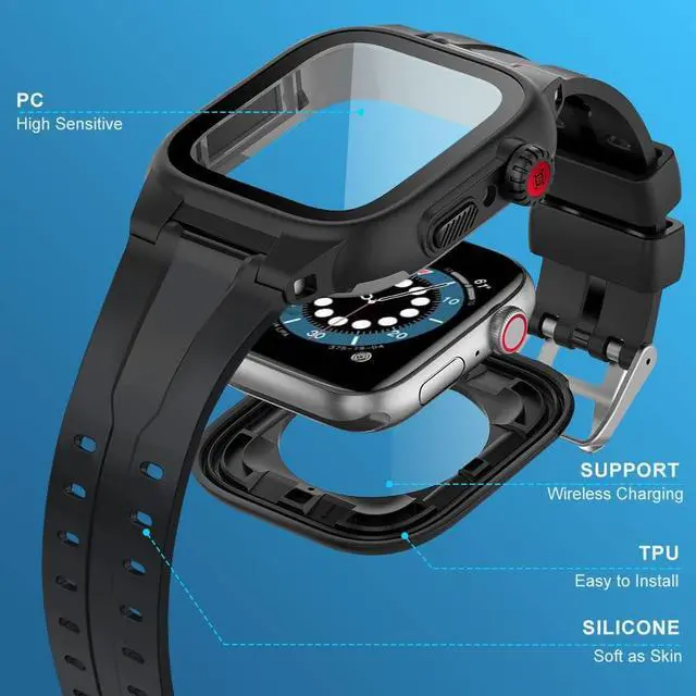 Alt view image 6 of 7 - Waterproof Case for Apple Watch 44mm Series 6/5/4/SE with Premium Band & Screen Protector, IP68 100% Full Waterproof Dustproof Shockproof Protective Case for 44mm iWatch 6/5/4/SE
