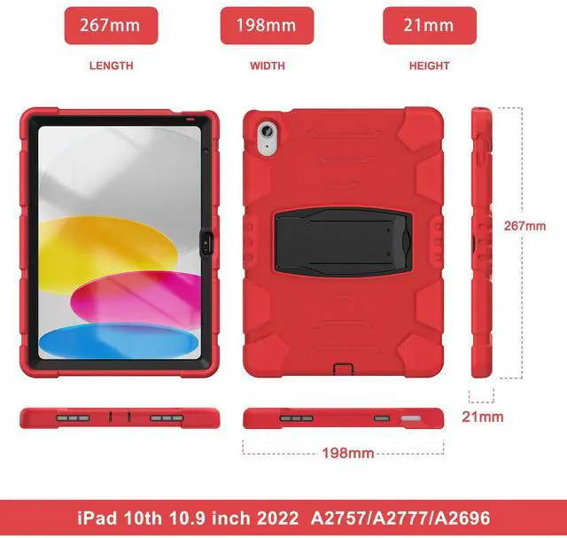 Alt view image 7 of 7 - Case for iPad 10th Generation 10.9 inch 2022, Heavy Duty Multi-Angle Viewing Shockproof Rugged Protective Cover with Built-in Stand for iPad 10th Gen 10.9'' 2022 Red