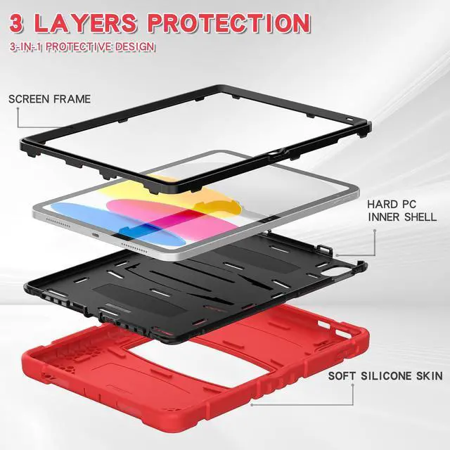 Alt view image 4 of 7 - Case for iPad 10th Generation 10.9 inch 2022, Heavy Duty Multi-Angle Viewing Shockproof Rugged Protective Cover with Built-in Stand for iPad 10th Gen 10.9'' 2022 Red