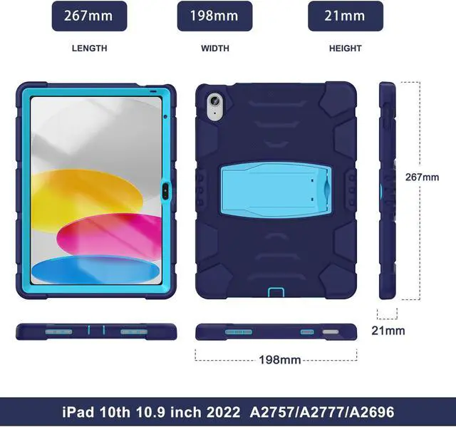 Alt view image 7 of 7 - Case for iPad 10th Generation 10.9 inch 2022, Heavy Duty Multi-Angle Viewing Shockproof Rugged Protective Cover with Built-in Stand for iPad 10th Gen 10.9'' 2022 Navy Blue