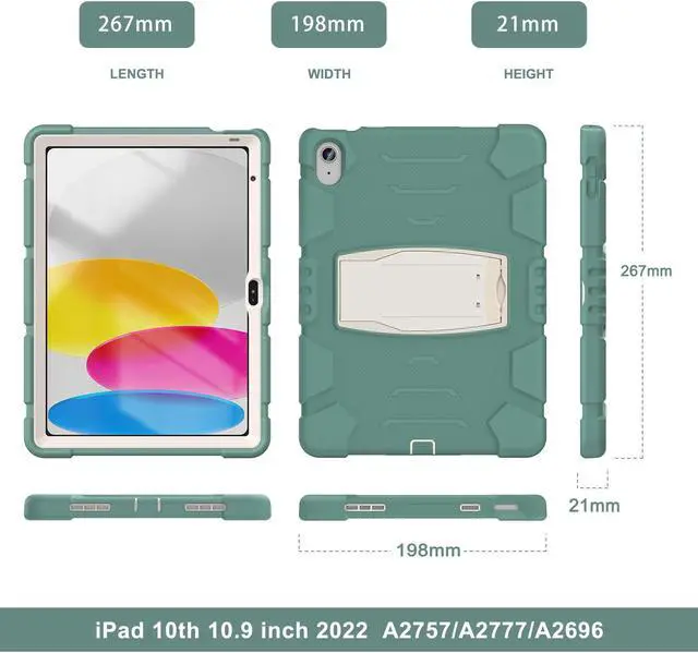 Alt view image 7 of 7 - Case for iPad 10th Generation 10.9 inch 2022, Heavy Duty Multi-Angle Viewing Shockproof Rugged Protective Cover with Built-in Stand for iPad 10th Gen 10.9'' 2022 Dark Green
