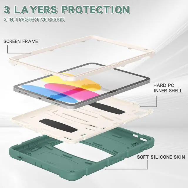 Alt view image 4 of 7 - Case for iPad 10th Generation 10.9 inch 2022, Heavy Duty Multi-Angle Viewing Shockproof Rugged Protective Cover with Built-in Stand for iPad 10th Gen 10.9'' 2022 Dark Green