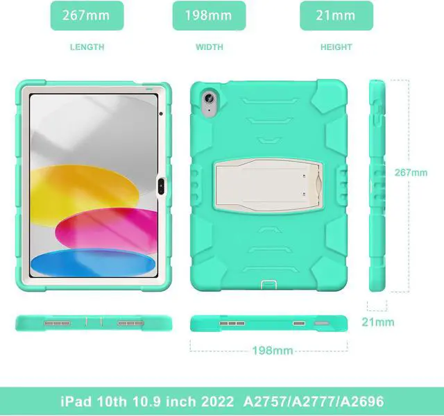 Alt view image 7 of 7 - Case for iPad 10th Generation 10.9 inch 2022, Heavy Duty Multi-Angle Viewing Shockproof Rugged Protective Cover with Built-in Stand for iPad 10th Gen 10.9'' 2022 Mint Green
