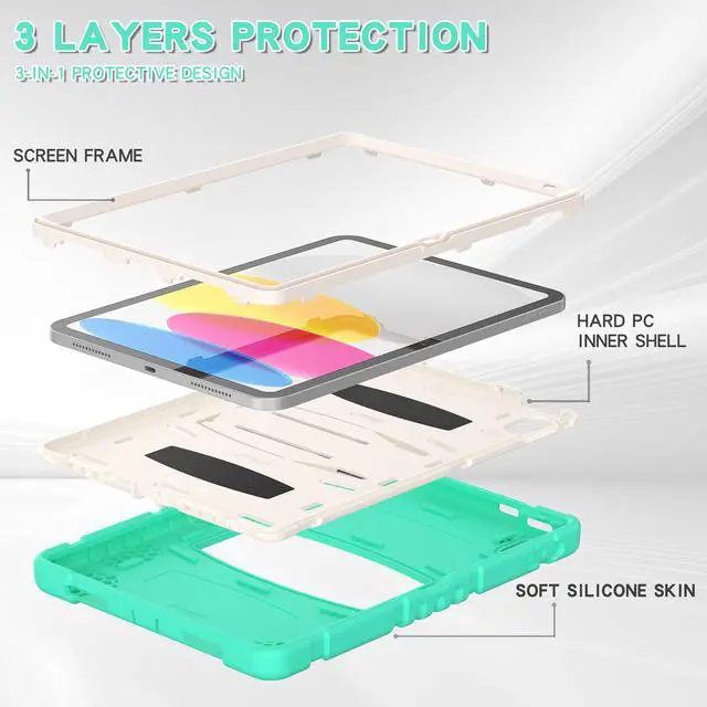 Alt view image 4 of 7 - Case for iPad 10th Generation 10.9 inch 2022, Heavy Duty Multi-Angle Viewing Shockproof Rugged Protective Cover with Built-in Stand for iPad 10th Gen 10.9'' 2022 Mint Green