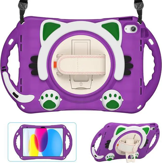 Main image of Case for Apple iPad 10th Generation Case 10.9 Inch 2022, Silicone Shockproof Protective Cover with Pencil Holder, Handle Grip, Kickstand and Shoulder Strap for iPad 10th Gen 10.9'' Purple