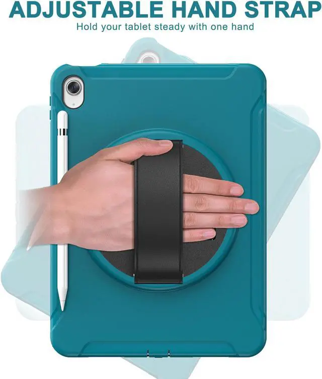 Alt view image 3 of 7 - Case for iPad 10th Generation 10.9 Inch 2022 with Pencil Holder,360° Swivel Stand, Hand Strap, Heavy Duty Shockproof Rugged Protective Cover for iPad 10.9 Inch 2022 Release Blue