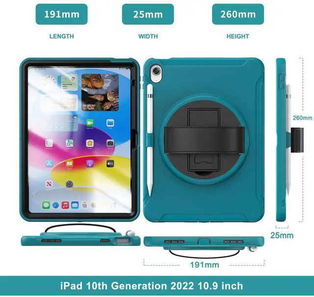 Alt view image 4 of 7 - Case for iPad 10th Generation 10.9 Inch 2022 with Pencil Holder,360° Swivel Stand, Hand Strap, Heavy Duty Shockproof Rugged Protective Cover for iPad 10.9 Inch 2022 Release Blue