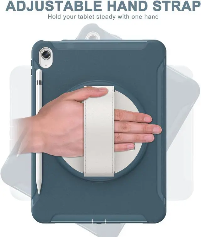 Alt view image 3 of 7 - Case for iPad 10th Generation 10.9 Inch 2022 with Pencil Holder,360° Swivel Stand, Hand Strap, Heavy Duty Shockproof Rugged Protective Cover for iPad 10.9 Inch 2022 Release Dark Blue