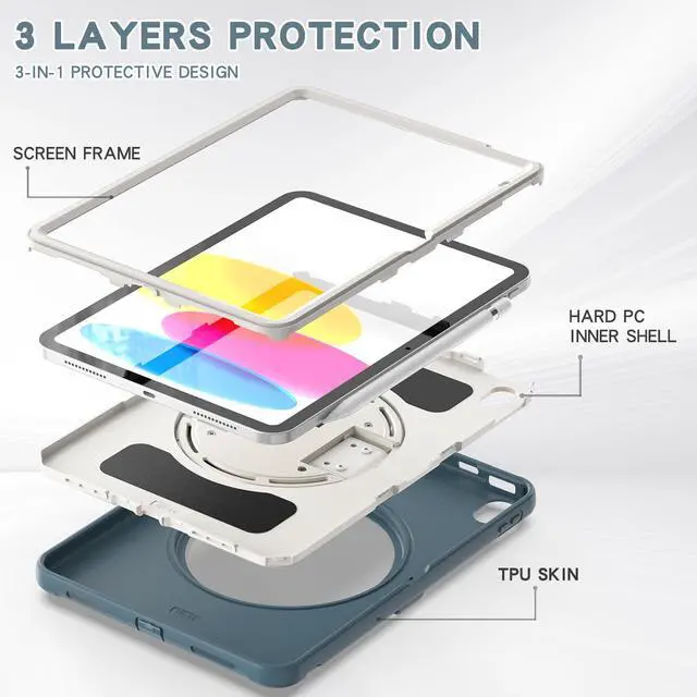 Alt view image 7 of 7 - Case for iPad 10th Generation 10.9 Inch 2022 with Pencil Holder,360° Swivel Stand, Hand Strap, Heavy Duty Shockproof Rugged Protective Cover for iPad 10.9 Inch 2022 Release Dark Blue