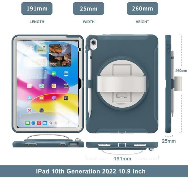 Alt view image 4 of 7 - Case for iPad 10th Generation 10.9 Inch 2022 with Pencil Holder,360° Swivel Stand, Hand Strap, Heavy Duty Shockproof Rugged Protective Cover for iPad 10.9 Inch 2022 Release Dark Blue