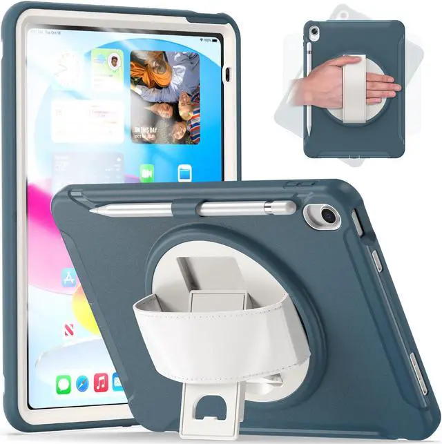 Main image of Case for iPad 10th Generation 10.9 Inch 2022 with Pencil Holder,360° Swivel Stand, Hand Strap, Heavy Duty Shockproof Rugged Protective Cover for iPad 10.9 Inch 2022 Release Dark Blue