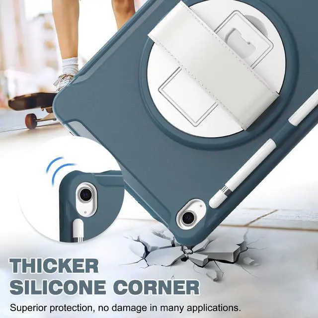 Alt view image 2 of 7 - Case for iPad 10th Generation 10.9 Inch 2022 with Pencil Holder,360° Swivel Stand, Hand Strap, Heavy Duty Shockproof Rugged Protective Cover for iPad 10.9 Inch 2022 Release Dark Blue