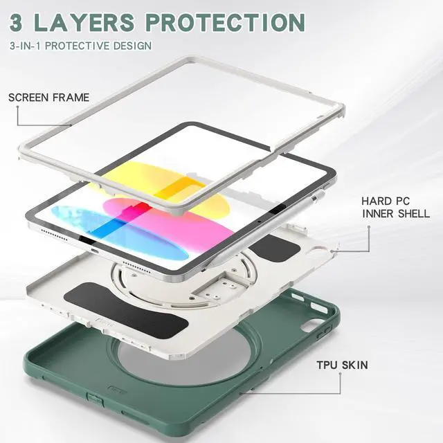 Alt view image 7 of 7 - Case for iPad 10th Generation 10.9 Inch 2022 with Pencil Holder,360° Swivel Stand, Hand Strap, Heavy Duty Shockproof Rugged Protective Cover for iPad 10.9 Inch 2022 Release Green