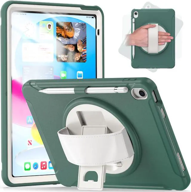 Main image of Case for iPad 10th Generation 10.9 Inch 2022 with Pencil Holder,360° Swivel Stand, Hand Strap, Heavy Duty Shockproof Rugged Protective Cover for iPad 10.9 Inch 2022 Release Green