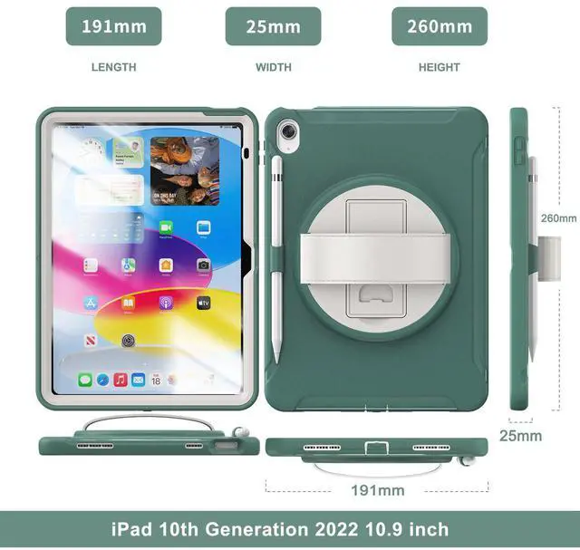Alt view image 4 of 7 - Case for iPad 10th Generation 10.9 Inch 2022 with Pencil Holder,360° Swivel Stand, Hand Strap, Heavy Duty Shockproof Rugged Protective Cover for iPad 10.9 Inch 2022 Release Green