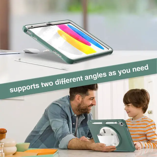 Alt view image 6 of 7 - Case for iPad 10th Generation 10.9 Inch 2022 with Pencil Holder,360° Swivel Stand, Hand Strap, Heavy Duty Shockproof Rugged Protective Cover for iPad 10.9 Inch 2022 Release Green