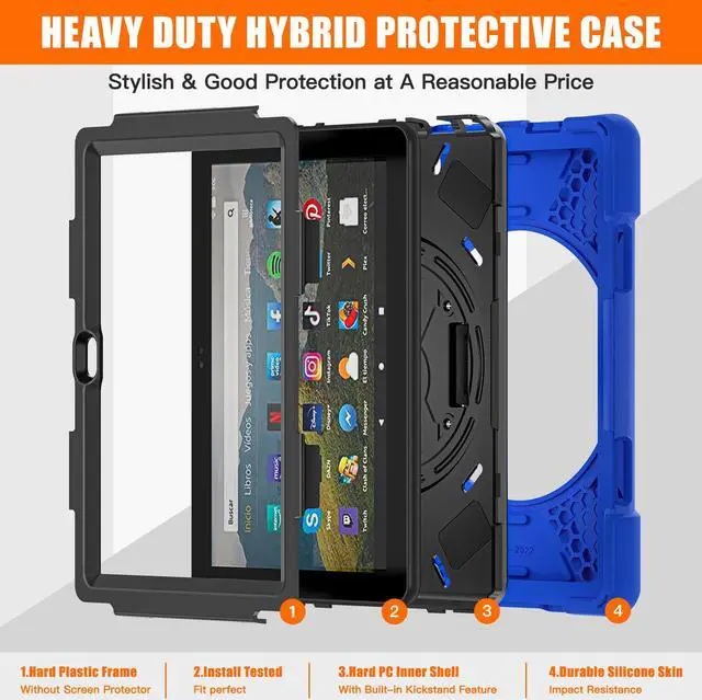 Alt view image 6 of 7 - All New Amazon Fire HD 8 / Fire HD 8 Plus Case - 12th Generation, 2022 Release, Shockproof Cover Heavy Duty Full Body Protective Cover With Stand Hand Strap and Shoulder Strap Blue