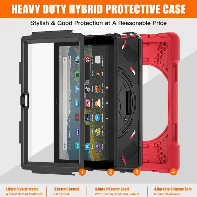 Alt view image 6 of 7 - All New Amazon Fire HD 8 / Fire HD 8 Plus Case - 12th Generation, 2022 Release, Shockproof Cover Heavy Duty Full Body Protective Cover With Stand Hand Strap and Shoulder Strap Red