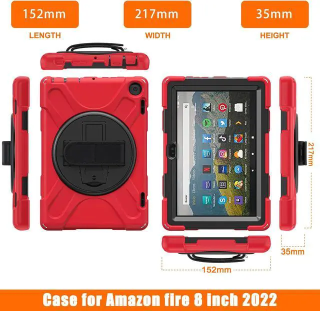 Alt view image 7 of 7 - All New Amazon Fire HD 8 / Fire HD 8 Plus Case - 12th Generation, 2022 Release, Shockproof Cover Heavy Duty Full Body Protective Cover With Stand Hand Strap and Shoulder Strap Red