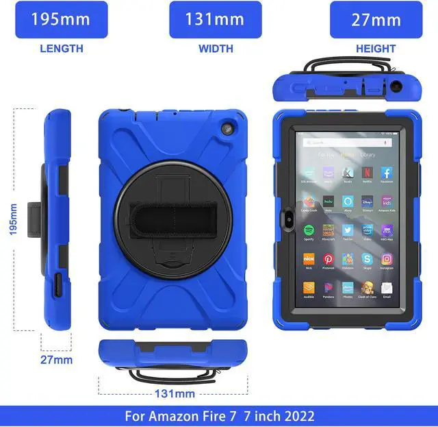 Alt view image 6 of 7 - Case For All New Amazon Fire 7 inch Tablet 12th Generation, 2022 Released, Shockproof Cover Heavy Duty Full Body Protective Cover With Stand, Hand Strap and Shoulder Strap Blue