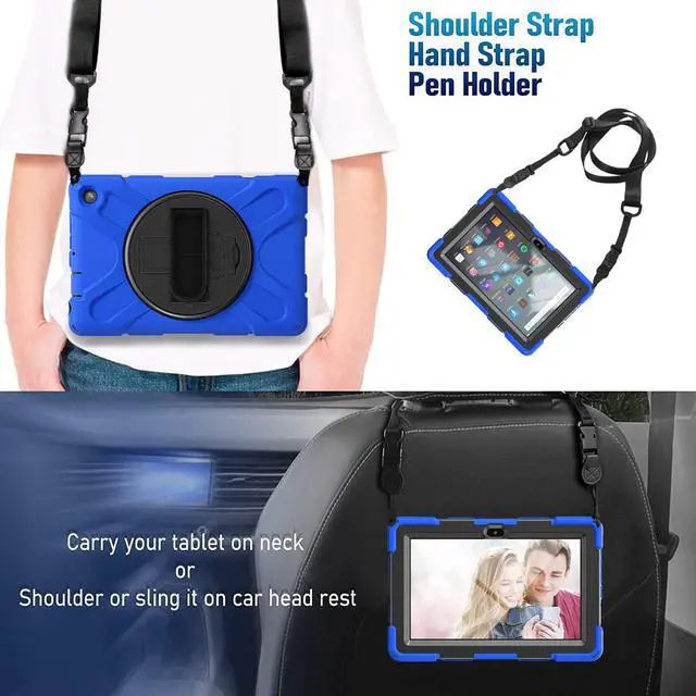 Alt view image 3 of 7 - Case For All New Amazon Fire 7 inch Tablet 12th Generation, 2022 Released, Shockproof Cover Heavy Duty Full Body Protective Cover With Stand, Hand Strap and Shoulder Strap Blue