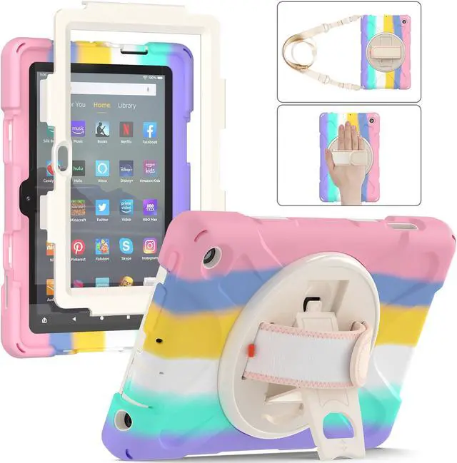 Main image of Case For All New Amazon Fire 7 inch Tablet 12th Generation, 2022 Released, Shockproof Cover Heavy Duty Full Body Protective Cover With Stand, Hand Strap and Shoulder Strap Pink