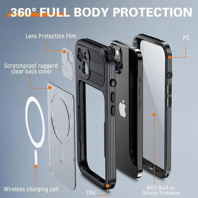 Alt view image 5 of 7 - For iPhone 14 Waterproof Case, Compatible with Magsafe, Heavy Duty Magnetic Protective Cover Phone Case with Built in Screen Protector for iPhone 14 6.1 inch 2022