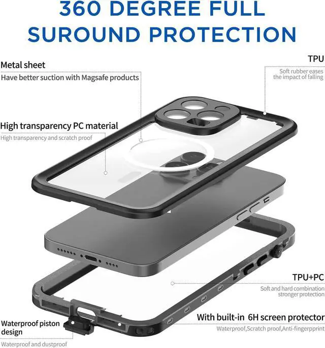 Alt view image 7 of 7 - For iPhone 14 Pro 6.1 inch Case Waterproof, Compatible with Magsafe Magnetic Protective iPhone 14 Pro Phone Case, Water Proof Mag Safe Magnet Shockproof Cover Full Body Clear with Screen Protector