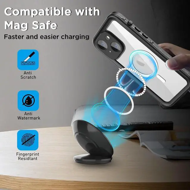 Alt view image 3 of 7 - For iPhone 14 6.1 inch Case Waterproof, Compatible with Magsafe Magnetic Protective Cover, Water Proof Mag Safe Magnet Shockproof Full Body Clear with Screen Protector