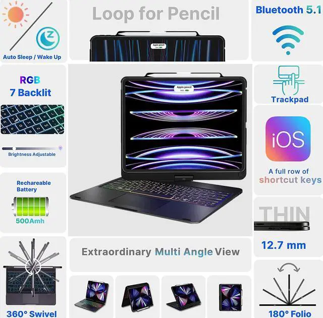 Alt view image 7 of 7 - Keyboard Case with Touchpad for iPad Pro 12.9 inch 6th Generation 2022 / iPad Pro 12.9 inch 5th Gen 2021 / 4th Gen 2020 / 3rd Gen 2018 Smart Touch 360 Rotation Backlit Bluetooth Cover with Pencil Hold
