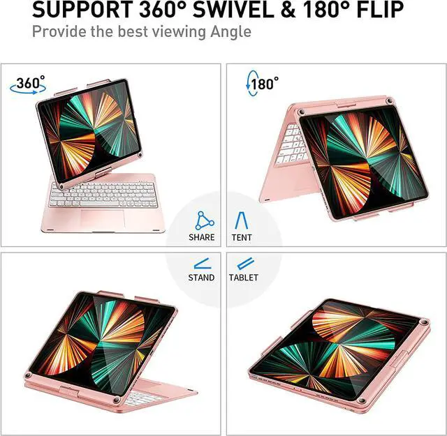 Alt view image 4 of 7 - Keyboard Case with Touchpad for iPad Pro 12.9 inch 6th Generation 2022 / iPad Pro 12.9 inch 5th Gen 2021 / 4th Gen 2020 / 3rd Gen 2018 Smart Touch Backlit Bluetooth Cover with Pencil Hold Rose Gold