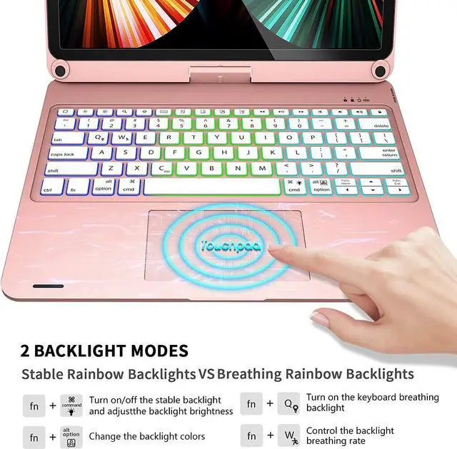 Alt view image 3 of 7 - Keyboard Case with Touchpad for iPad Pro 12.9 inch 6th Generation 2022 / iPad Pro 12.9 inch 5th Gen 2021 / 4th Gen 2020 / 3rd Gen 2018 Smart Touch Backlit Bluetooth Cover with Pencil Hold Rose Gold