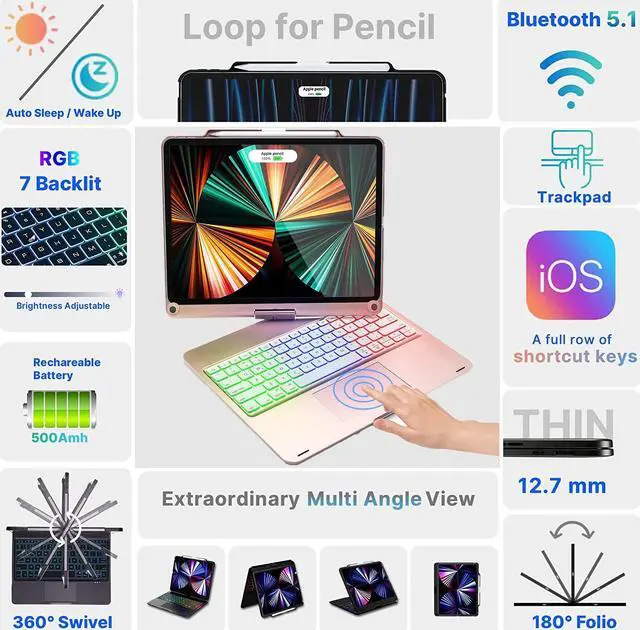 Alt view image 5 of 7 - Keyboard Case with Touchpad for iPad Pro 12.9 inch 6th Generation 2022 / iPad Pro 12.9 inch 5th Gen 2021 / 4th Gen 2020 / 3rd Gen 2018 Smart Touch Backlit Bluetooth Cover with Pencil Hold Rose Gold