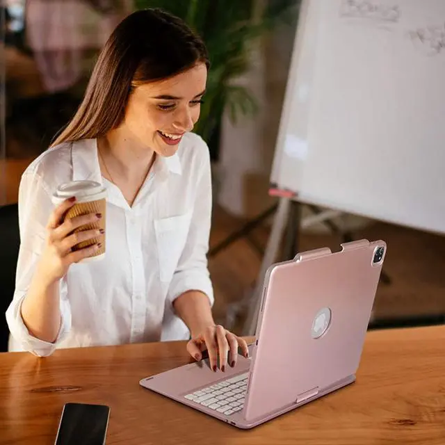 Alt view image 7 of 7 - Keyboard Case with Touchpad for iPad Pro 12.9 inch 6th Generation 2022 / iPad Pro 12.9 inch 5th Gen 2021 / 4th Gen 2020 / 3rd Gen 2018 Smart Touch Backlit Bluetooth Cover with Pencil Hold Rose Gold